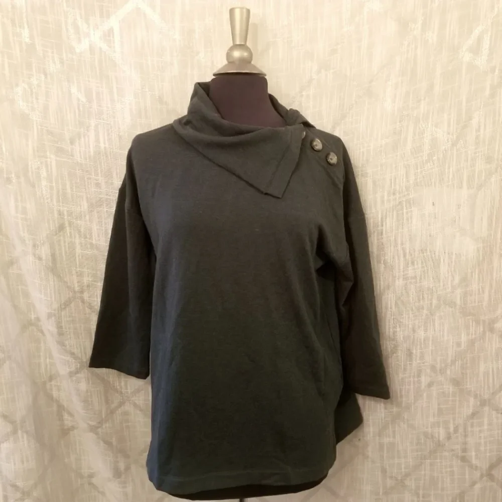 Tahari Top Womens Size Large Green Pullover Asymmetrical Collar Lagenlook Fall